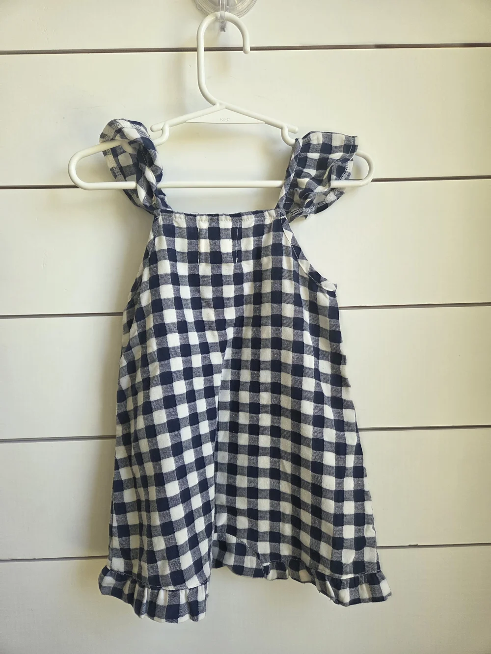 Girls Navy and White Gingham Ruffle-Strap Dress